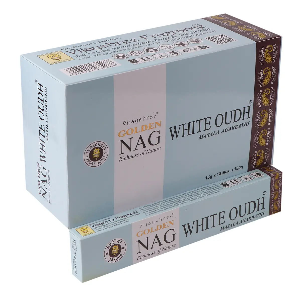 Förpackning med Golden Nag vit oudh rökelsepinnar i ljusblått och vitt med dekorativa detaljer