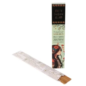 Förpackning och rökelsepinnar med Golden Palo Santo och Jasmin doft