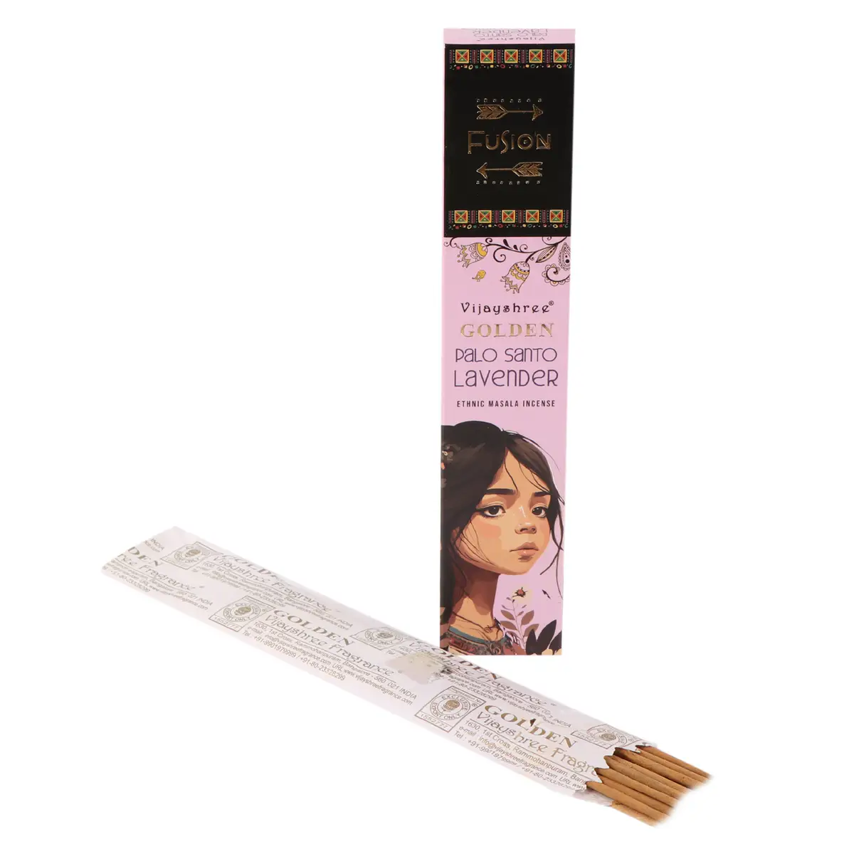 Förpackning med Golden Palo Santo och Lavendel rökelsepinnar och öppnad påse med rökelsepinnar