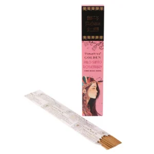 Förpackning och rökelsepinnar med Golden Palo Santo och Rosmarin doft