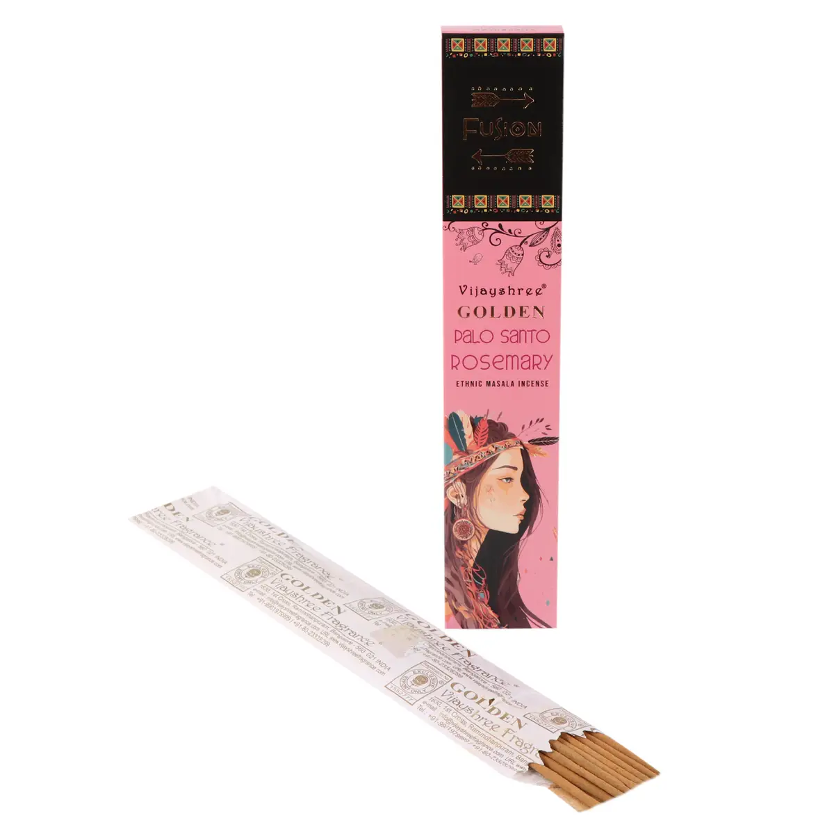 Förpackning och rökelsepinnar med Golden Palo Santo och Rosmarin doft