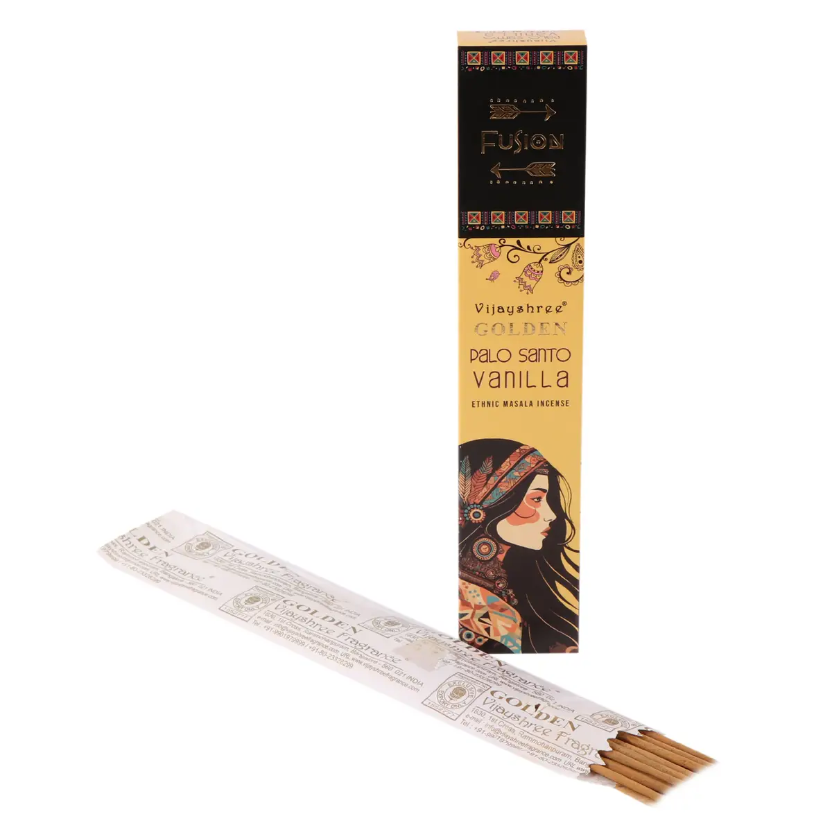 Förpackning med Golden Palo Santo och Vanilj rökelsepinnar och öppnad innerförpackning med pinnar