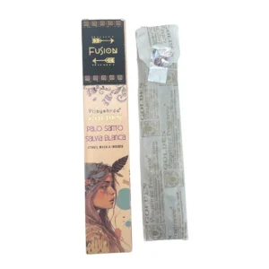 Förpackning och påse med Golden Palo Santo och Vit Salvia rökelsepinnar