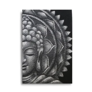 Grå buddhamålning med halvt motiv på canvas och träram
