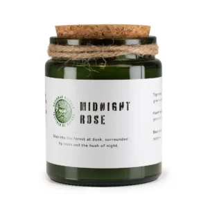 Grönt glasljus med korklock och etikett för Greenman Woodwick Midnight Rose