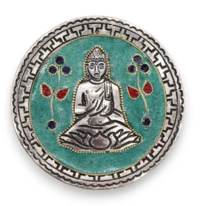 Rund grön aluminium rökelsehållare med Buddhafigur och dekorativa blommor