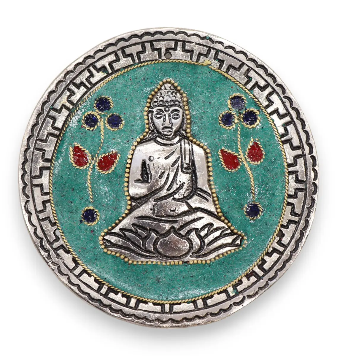 Rund grön aluminium rökelsehållare med Buddhafigur och dekorativa blommor