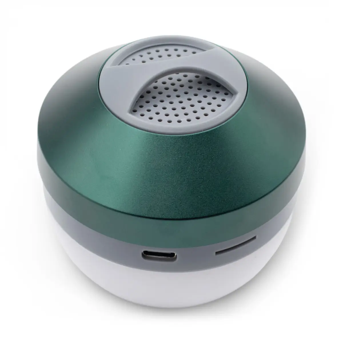 Grön rund campinglampa med inbyggd högtalare och USB-port
