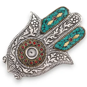 Grön och silverfärgad handgjord aluminium rökelsehållare formad som en Hamsa-hand med dekorativa detaljer