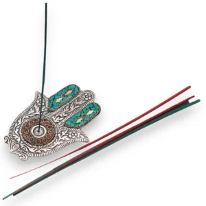 Grön handgjord aluminium rökelsehållare Hamsa 13x5,5 cm - produktbild 2