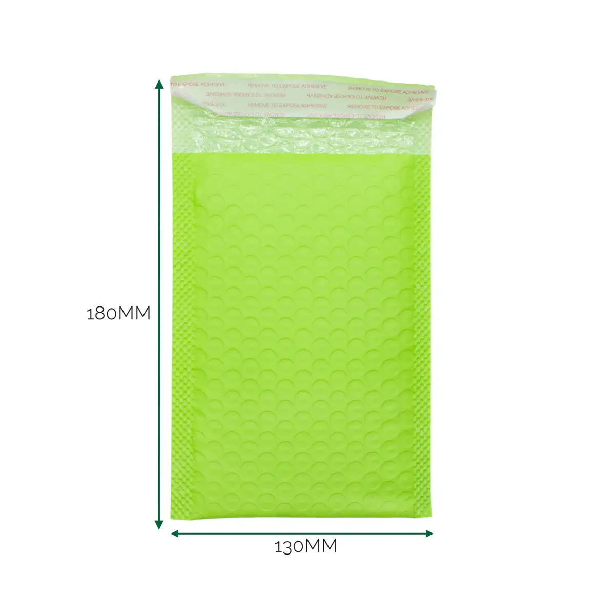 Grönt bubbelkuvert i polyeten med måtten 130x180 mm och självhäftande flik
