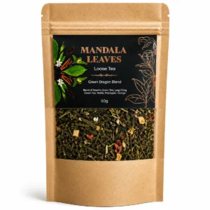 Påse med löst grönt te och etikett Green Dragon Blend