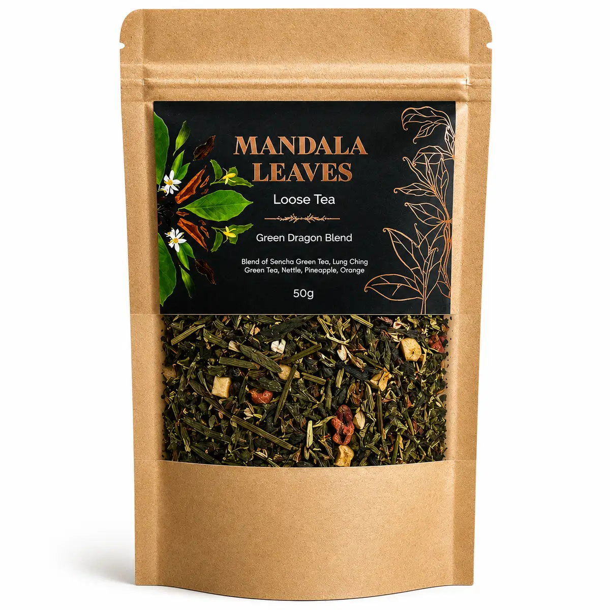 Påse med löst grönt te och etikett Green Dragon Blend