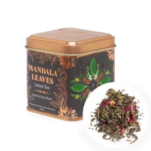 Burk med Serenity Souk grönt te och löst te med rosenblad och mynta