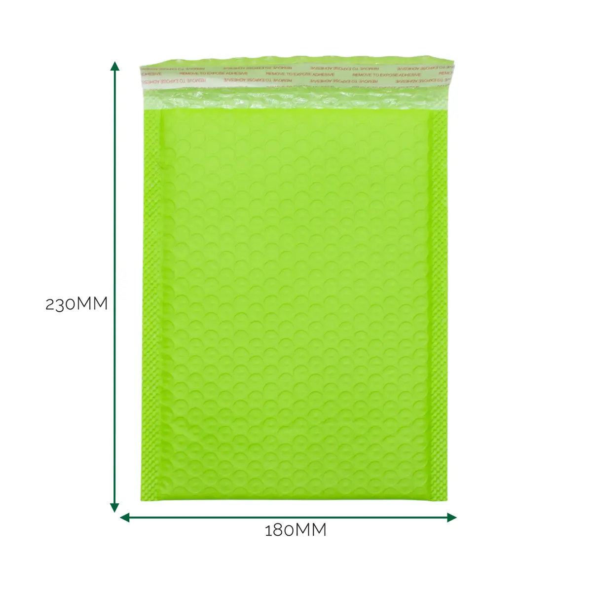 Grönt vadderat bubbelkuvert i polyeten med måtten 180x230 mm och självhäftande flik