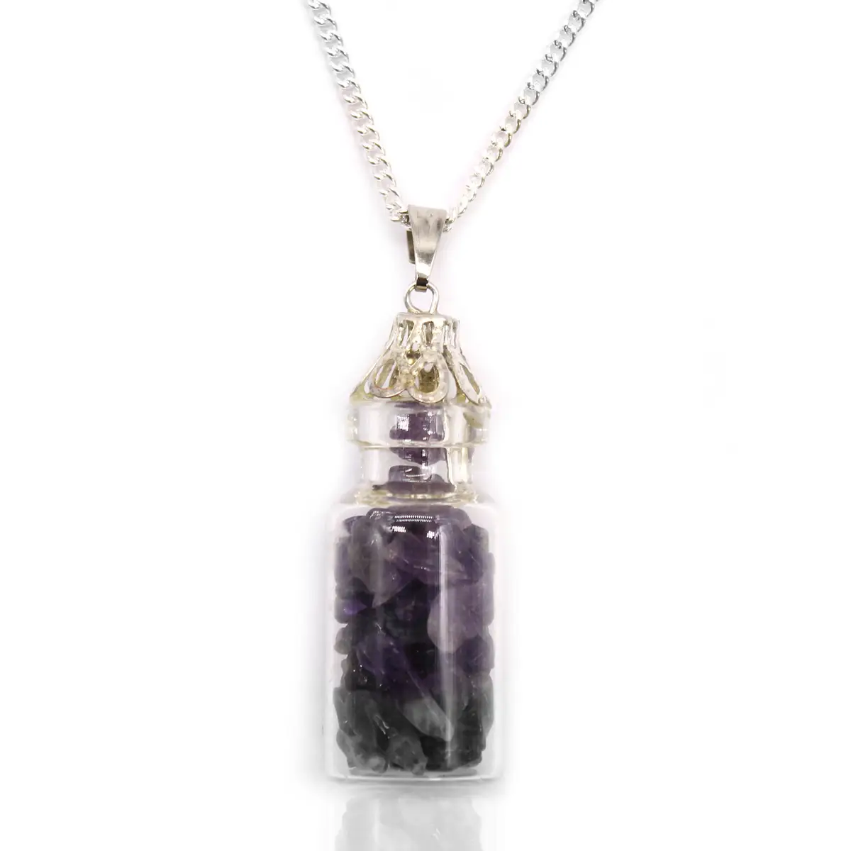 Halsband med liten glasflaska fylld med lila ametiststenar