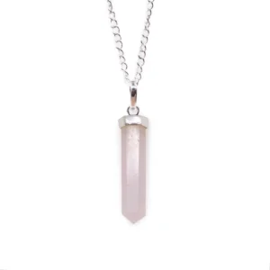 Halsband med hänge i rosa rosenkvarts och silverpläterad kedja