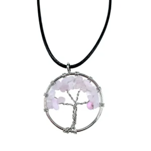 Halsband med runt Livets träd-hänge av silverfärgad metall och ljusrosa rosenkvarts