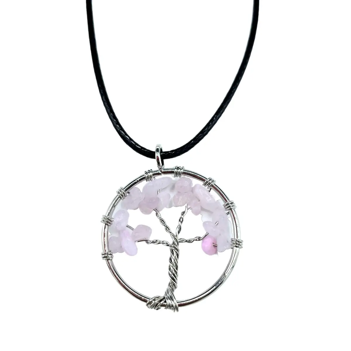 Halsband med runt Livets träd-hänge av silverfärgad metall och ljusrosa rosenkvarts