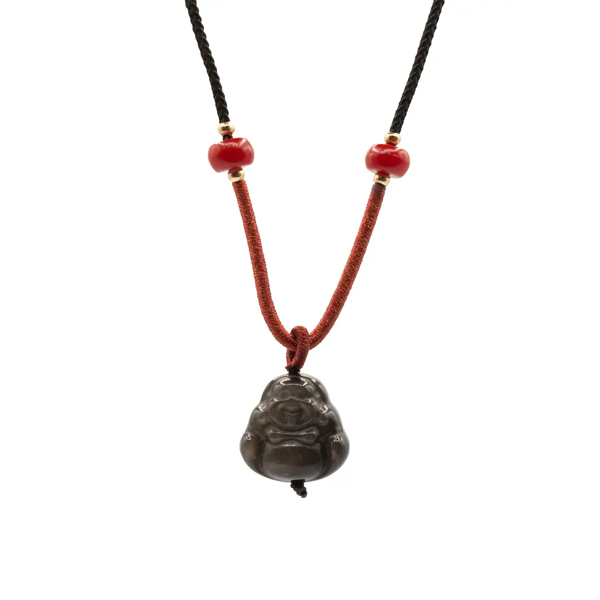Halsband med svart snöre och hänge i silverobsidian formad som en sittande Buddha