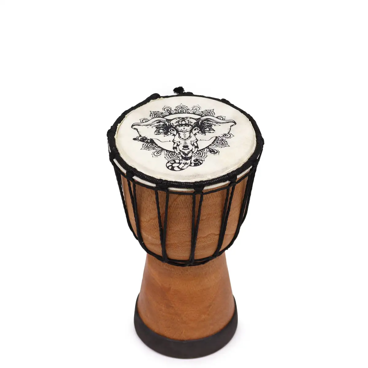 Handgjord djembe-trumma med bred topp och elefantmandal, tillverkad i suarträ med getskinns trumskinn