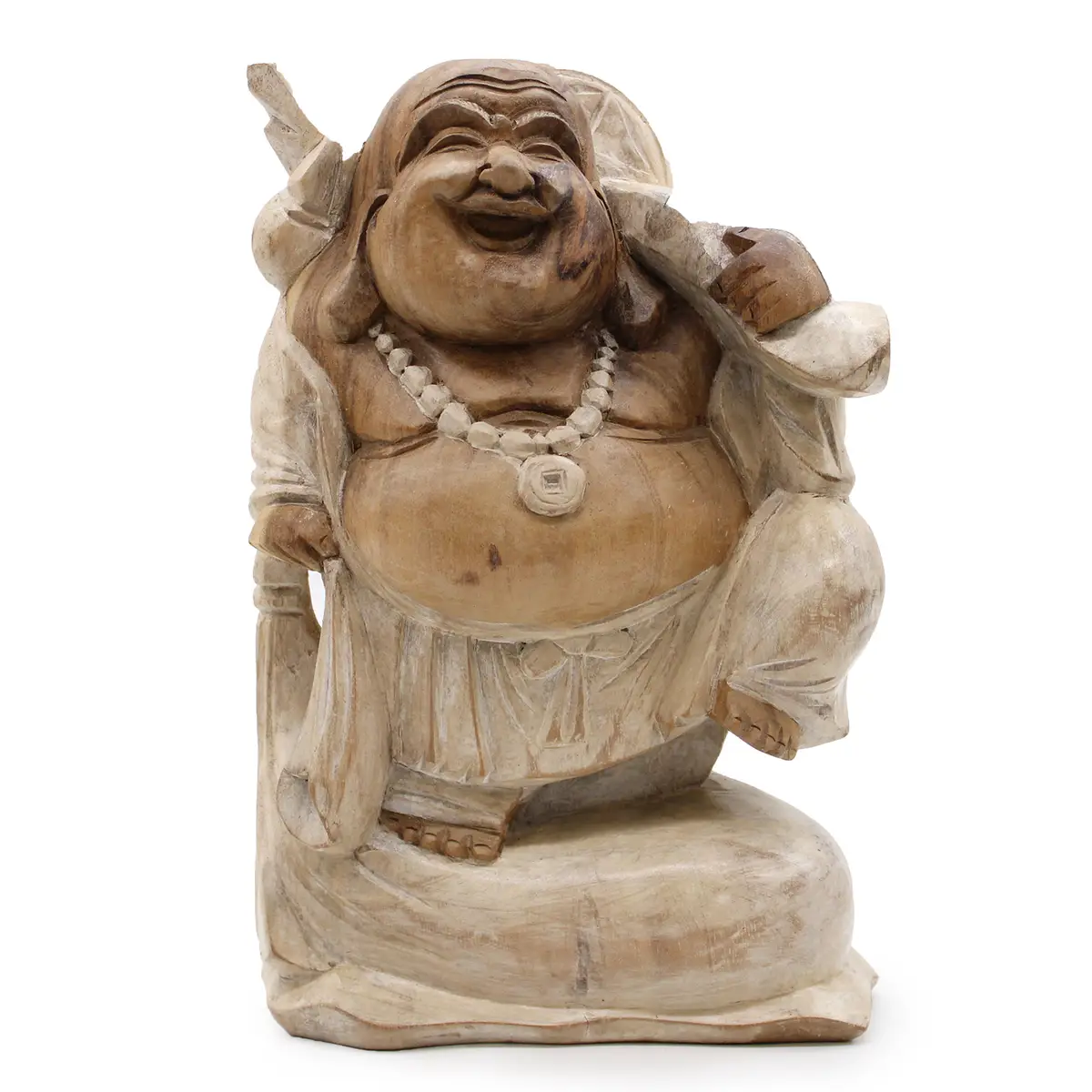 Vitkalkad handgjord Buddha-staty i bringträ med leende ansikte och detaljerad skulptur