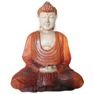 Handgjord Buddha-staty i trä med nedåtgående hand sittande i meditationsställning
