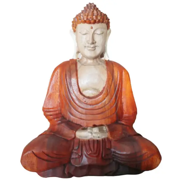 Handgjord Buddha-staty i trä med nedåtgående hand sittande i meditationsställning