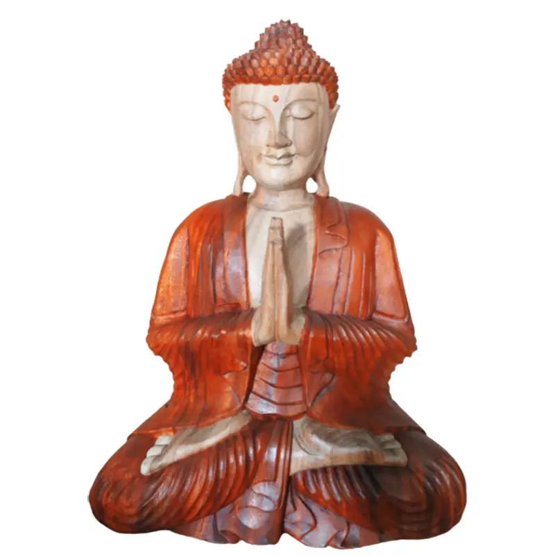 Handsnidad Buddha-staty i trä med rödbrun färg och meditativ pose