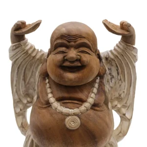 Handgjord Buddha-staty i Suarträ 40 cm med upplyfta händer vitkalkad - produktbild 2