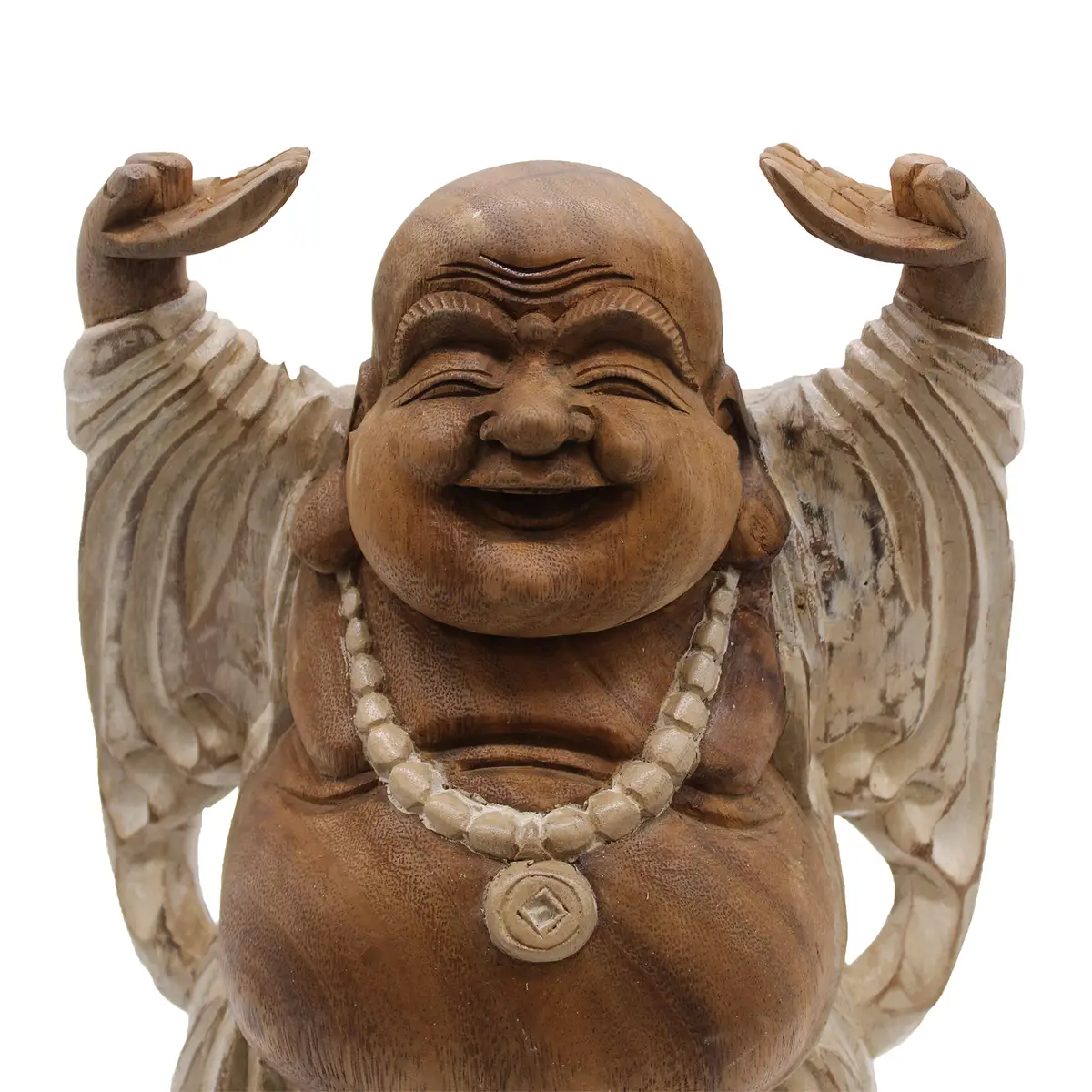 Handgjord Buddha-staty i Suarträ 40 cm med upplyfta händer vitkalkad - produktbild 2