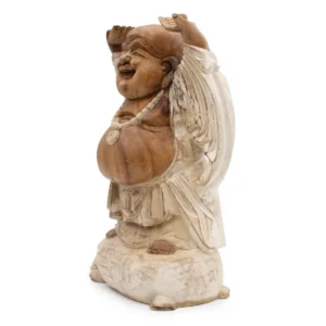 Handgjord Buddha-staty i Suarträ 40 cm med upplyfta händer vitkalkad - produktbild 4