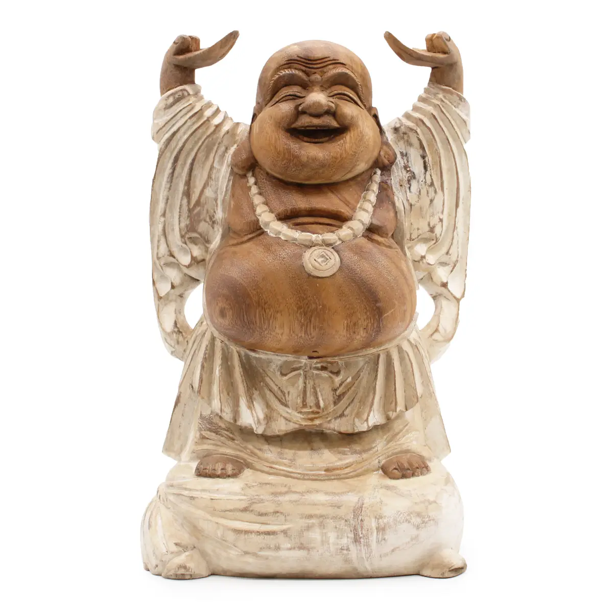 Vitkalkad handgjord Buddha-staty i trä med upplyfta händer