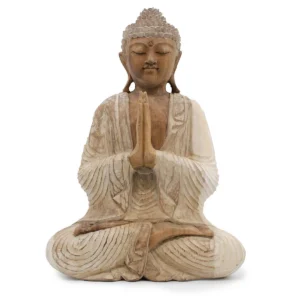 Handgjord Buddha-staty i Suarträ med vitlaserad finish sittande i meditationsställning