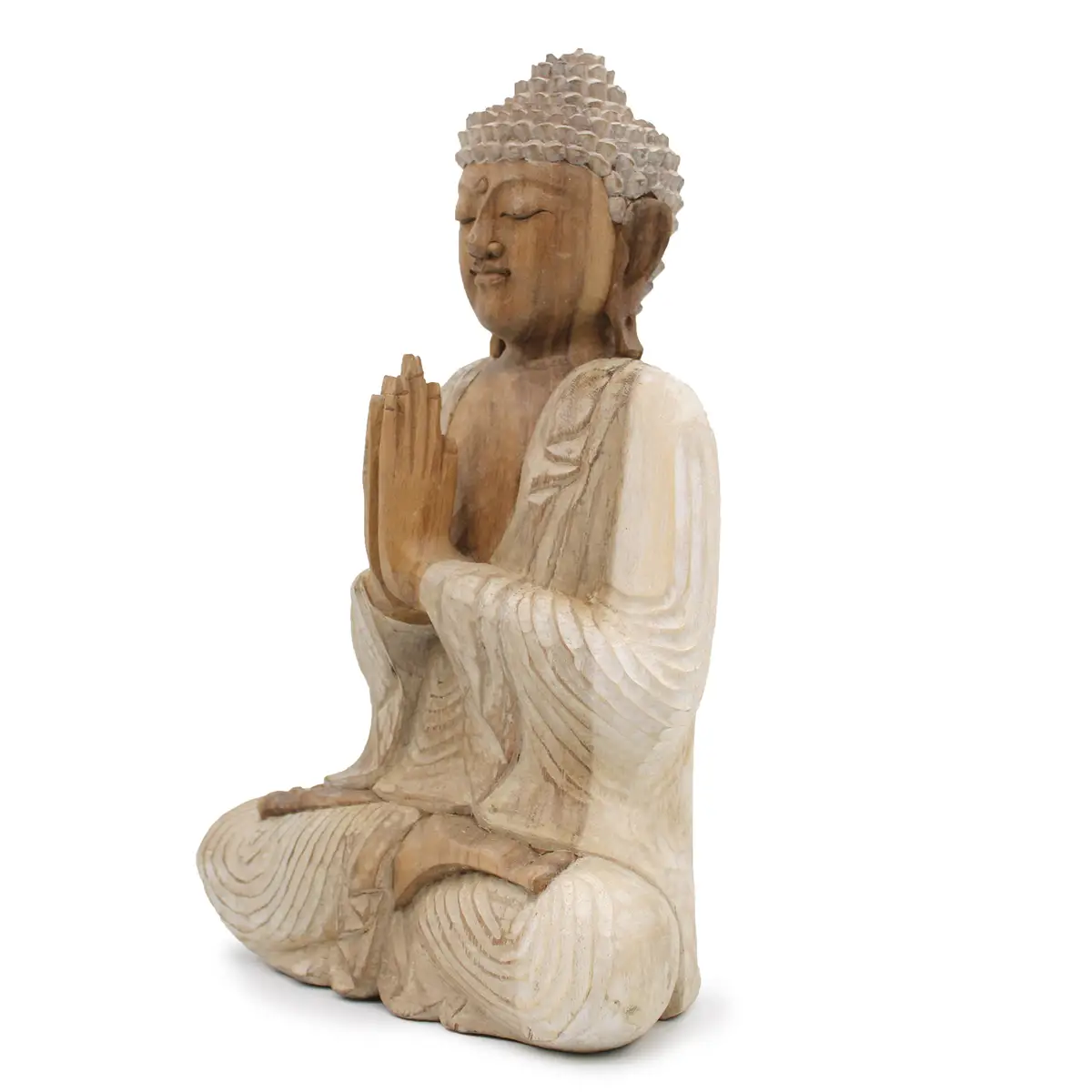 Handgjord Buddha-staty i Suarträ 40 cm vitlaserad - produktbild 3