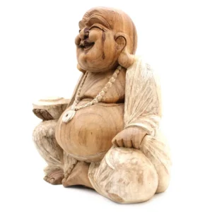 Handgjord Buddha-staty i Suarträ 40 cm vitlaserad - produktbild 4
