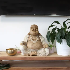 Handgjord Buddha-staty i trä 50 cm med vitlasyr - produktbild 2