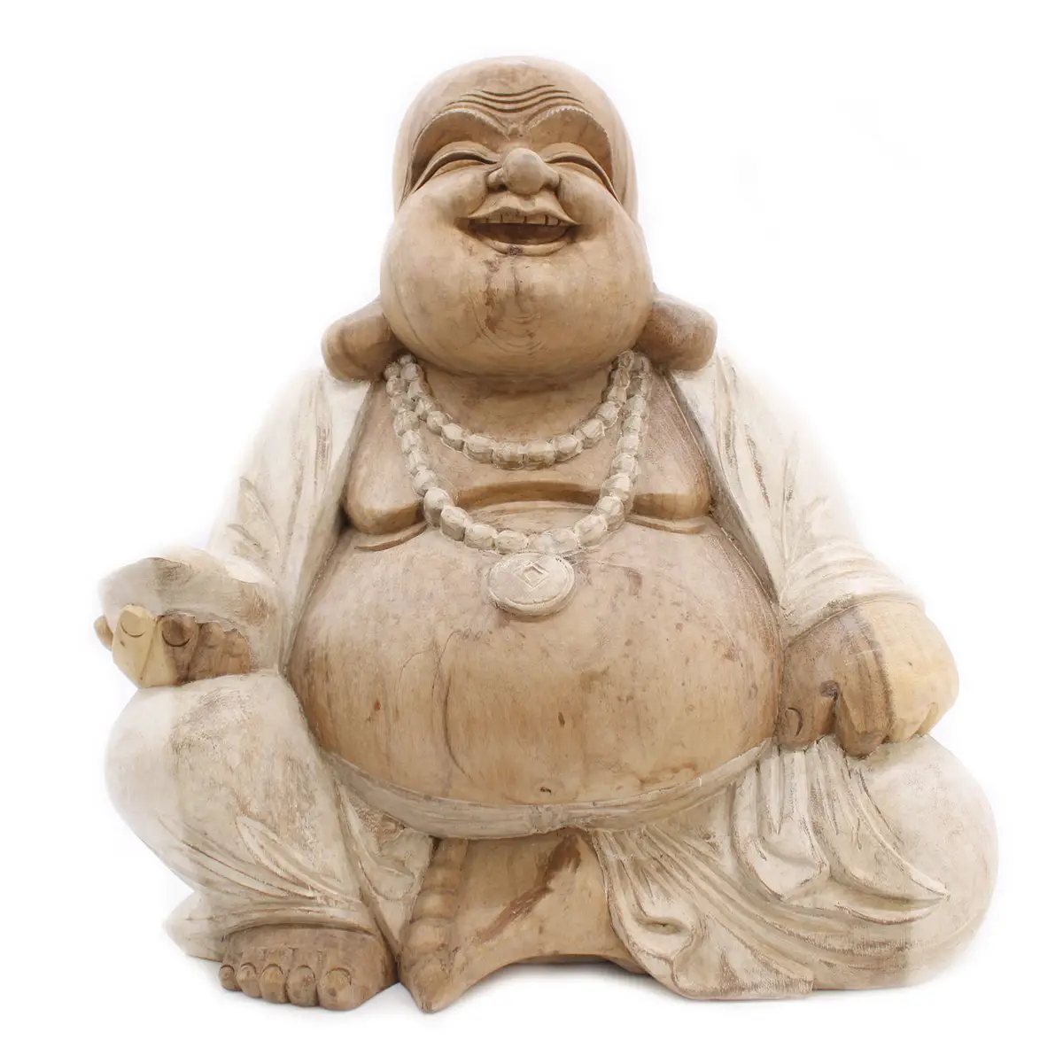 Handgjord Buddha-staty i trä med vitlasyr sittande i meditationsställning