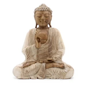 Handgjord Buddha-staty i trä med vitlaserad finish sittande i meditationsställning
