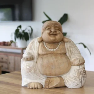 Handgjord Buddha-staty i vitlaserad träfinish, 30 cm - produktbild 3