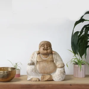 Handgjord Buddha-staty i vitlaserad träfinish, 30 cm - produktbild 4