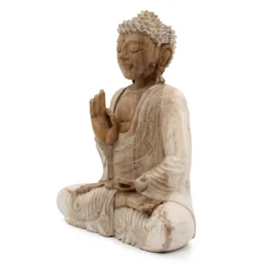 Handgjord Buddha-staty i vitlaserad träfinish, 30 cm - produktbild 4