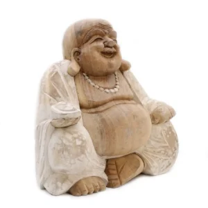Handgjord Buddha-staty i vitlaserad träfinish, 30 cm - produktbild 6