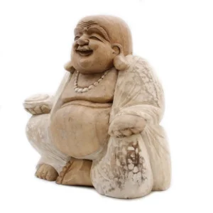 Handgjord Buddha-staty i vitlaserad träfinish, 30 cm - produktbild 7