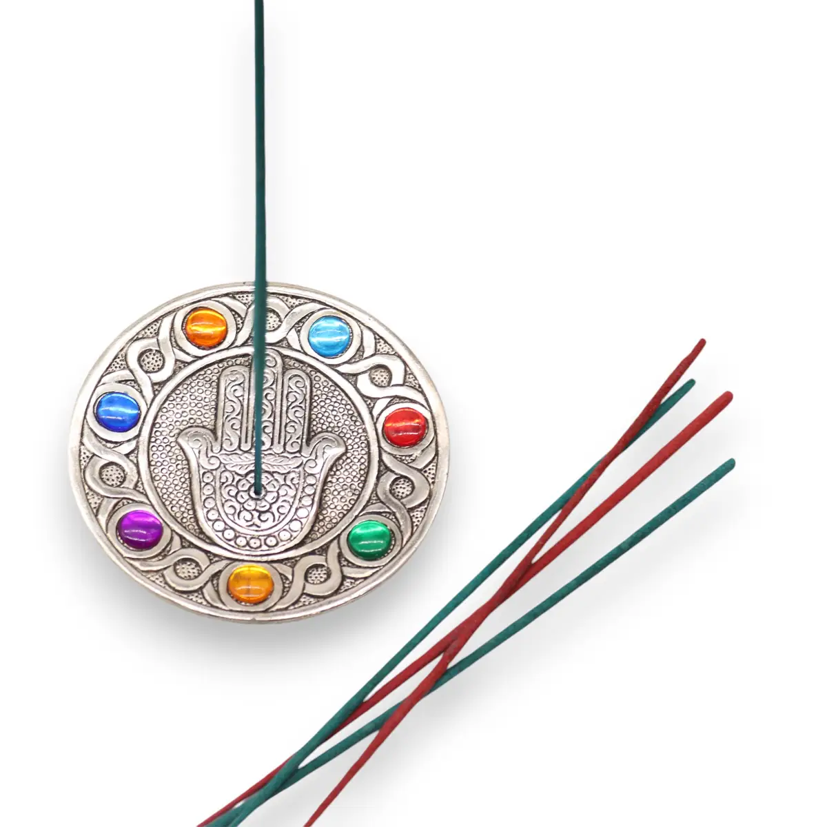 Handgjord rökelsehållare i aluminium med sju chakrafärger och Hamsa-symbol, 11,5 cm - produktbild 2