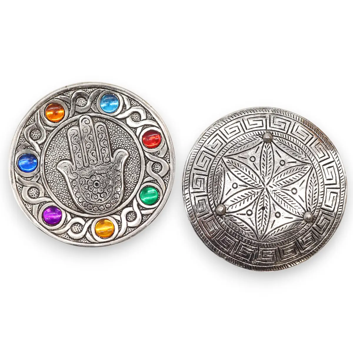 Handgjord rökelsehållare i aluminium med sju chakrafärger och Hamsa-symbol, 11,5 cm - produktbild 3