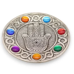 Handgjord rökelsehållare i aluminium med sju chakrafärger och Hamsa-symbol, 11,5 cm - produktbild 4