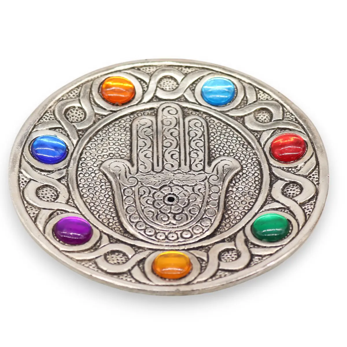 Handgjord rökelsehållare i aluminium med sju chakrafärger och Hamsa-symbol, 11,5 cm - produktbild 4