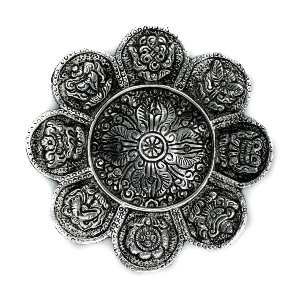 Handgjord rund rökelsehållare i polerad aluminium med tibetanska symboler i blomform
