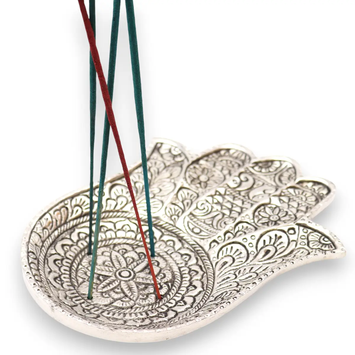 Handgjord rökelsehållare i polerat aluminium med Hamsa-motiv 18x13 cm - produktbild 2